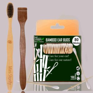 1 Bamboo Cotton Ear bud/swab|80 Wood stem/160 Swab|1 Adult Bamboo toothbrush|1 Neem Tongue Scraper (Pack of 3)