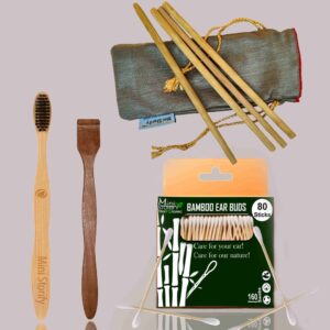 1 Bamboo Cotton Ear Buds 80 Wood Stems/160 Swabs|1 Adult bamboo toothbrush |1 Neem Tongue Scraper for Adults & Kids|4 Bamboo Straw(8 inch)
