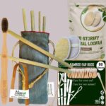 1 Bamboo Cotton Ear Buds 80 Wood Stems/160 Swabss|1 Adult bamboo tooth brush|1 bamboo tongue cleaner|2 Oval Loofah|6 Bamboo Straw8″)(