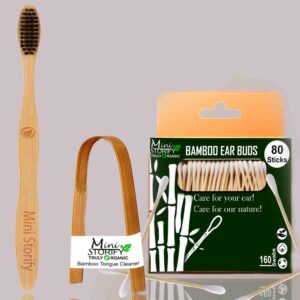 1 Bamboo Cotton Ear bud/swab|80 Wood stem/160 Swab|1 Adult Bamboo toothbrush|1 Bamboo Tongue Cleaner (Pack3)