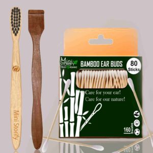 1 Bamboo Cotton Ear bud/swab|80 Wood stem/160 Swab|1 Kids Bamboo toothbrush|1 Neem Tongue Scraper (Pack of 3)