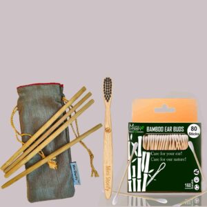 1 Bamboo Cotton ear bud/swab|80 wood stem/160 Swab|1 Kids bamboo toothbrush|4 Bamboo Straw (8″) (PACK OF 6)