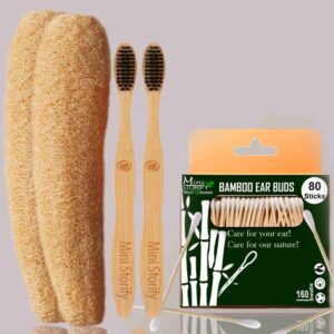 1 Bamboo Cotton ear bud/swab|80 wood stem/160 Swab|2 Adult bamboo toothbrush |2 Loufah/loofah Pads, (PACK OF 5)