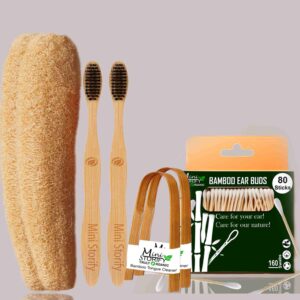 1 Bamboo Cotton ear bud/swab|80 wood stem/160 Swab|2 Adult bamboo toothbrush|2 bamboo tongue cleaner|2 Loufah/loofah Pads, (PACK OF 7)