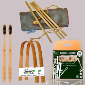 1 Bamboo Cotton ear bud/swab|80 wood stem/160 Swab|2 Adult bamboo toothbrush |2 bamboo tongue cleaner|4 Bamboo Straw(8 inch)