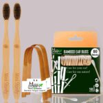 1 Bamboo Cotton Ear bud/swab|80 Wood stem/160 Swab|2 Adult Bamboo toothbrush|2 Bamboo Tongue Cleaner (Pack5)