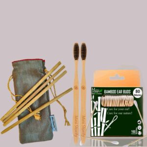 1 Bamboo Cotton ear bud/swab|80 wood stem/160 Swab|2 Adult bamboo toothbrush|4 Bamboo Straw (8″) (PACK OF 7)