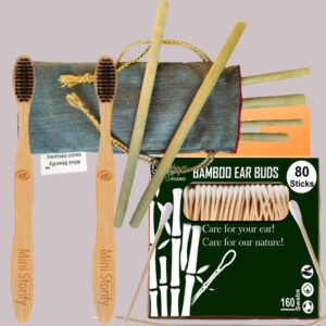 1 Bamboo Cotton ear bud/swab|80 wood stem/160 Swab|2 Adult bamboo toothbrush|6 Bamboo Straw (8″) (PACK OF 9)