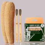 1 Bamboo Cotton ear bud/swab|80 wood stem/160 Swab|2 Kids bamboo toothbrush |2 Loufah/loofah Pads, (PACK OF 5)