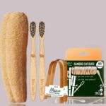 1 Bamboo Cotton ear bud/swab|80 wood stem/160 Swab|2 Kids bamboo toothbrush|2 bamboo tongue cleaner|2 Loufah/loofah Pads, (PACK OF 7)