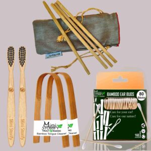 1 Bamboo Cotton ear bud/swab|80 wood stem/160 Swab|2 Kids bamboo toothbrush |2 bamboo tongue cleaner|4 Bamboo Straw(8 inch)