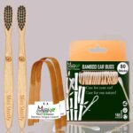 1 Bamboo Cotton Ear bud/swab|80 Wood stem/160 Swab|2 Kids Bamboo toothbrush|2 Bamboo Tongue Cleaner (Pack5)