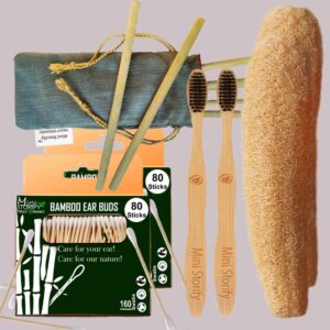 2 Bamboo Cotton Ear Buds/swabs|80 Stems|1 Adult Bamboo Tooth Brush|2 Loufah/loofah Pads, Sponge Body Scrubber|6 Bamboo Straw8″)