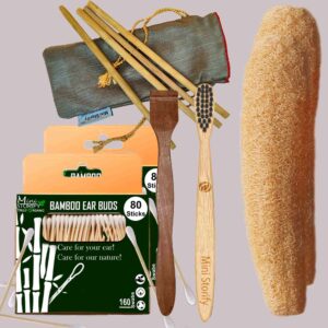 2 Bamboo Cotton ear buds/swabs|80 Stems|1 Kids bamboo tooth brush|1 Pure Neem Tongue Cleaner|2 Loufah/loofah Pads|4 Bamboo Straw8 inch)