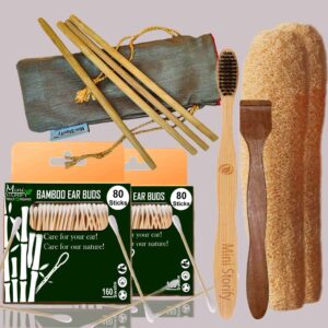 2 Bamboo Cotton ear buds/swabs|80 Stems|1 Adult bamboo tooth brush|1 Pure Neem Tongue Cleaner|2 Loufah/loofah Pads|4 Bamboo Straw8 inch)