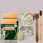 2 Bamboo Cotton ear buds/swabs|80 Stems|1 Adult bamboo tooth brush|1 Pure Neem Wood Tongue Cleaner for Adults & Kids|2 Oval Loofah