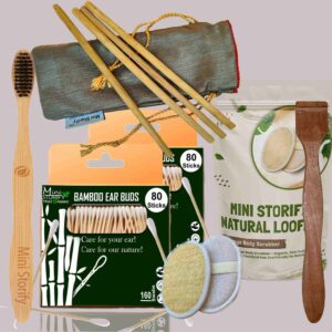 2 Bamboo Cotton ear buds/swabs|80 Stems|1 Adult bamboo tooth brush|1 Pure Neem Tongue Cleaner|2 Oval Loofahs|4 Bamboo Straw8 inch)