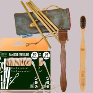2 Bamboo Cotton Ear Buds/swabs|80 Stems|1 Adult Bamboo Tooth BrushOral Cleaning|1 Neem Tongue Scraper for Adults & Kids|4 Bamboo Straw8″)