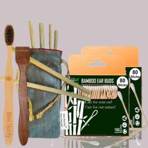 2 Bamboo Cotton Ear Buds/swabs|80 Stems|1 Adult Bamboo Tooth Brush|1 Neem Tongue Cleaner/Tongue Scraper for Adults & Kids|6 Bamboo Straw8″)(