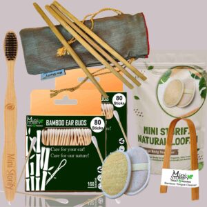 2 Bamboo Cotton ear buds/swabs|80 Stems|1 Adult bamboo tooth brush|1 bamboo tongue cleaner|2 Oval Loofah Sponge Body scrubber|4 Straw8 inch)