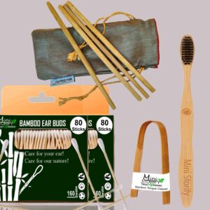 2 Bamboo Cotton Ear Buds/swabs|80 Stems|1 Adult Bamboo Tooth BrushCharcoal Soft Bristles,Oral Cleaning|1 Bamboo Tongue Cleaner|4 Straw8″)