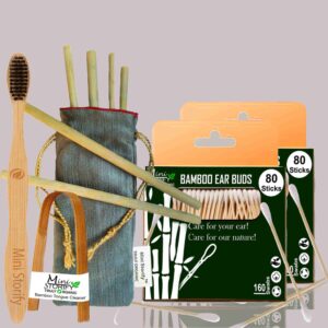 2 Bamboo Cotton Ear Buds/swabs|80 Stems / 160 Swabs|1 Adult Bamboo Tooth BrushCharcoal Soft Bristles,|1 Bamboo Tongue Cleaner|6 Straw8″)