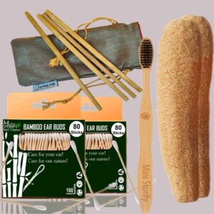 2 Bamboo Cotton ear buds/swabs |80 Stems |1 Adult bamboo tooth brush|2 Loufah/loofah Pads4 Bamboo Straw (8 inch) (PACK OF 9)