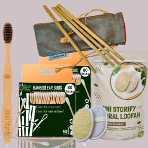 2 Bamboo Cotton ear buds/swabs |80 Stems |1 Adult bamboo tooth brush|2 Oval Loofah/Loufah Pads4 Bamboo Straw (8 inch) (PACK OF 9)