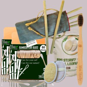 2 Bamboo Cotton Ear Buds 80 Wood Stems/160 Swabs|1 Adult Bamboo toothbrush|2 Oval Loofah Sponge Body Scrubber|6 Bamboo Straw(8 inch)