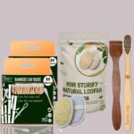 2 Bamboo Cotton ear buds/swabs|80 Stems|1 Kids bamboo tooth brush|1 Pure Neem Wood Tongue Cleaner for Adults & Kids|2 Oval Loofah
