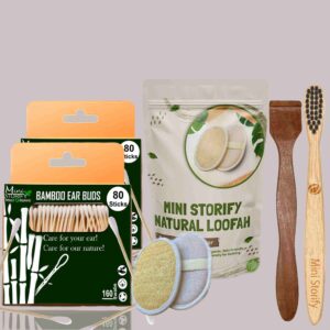 2 Bamboo Cotton ear buds/swabs|80 Stems|1 Kids bamboo tooth brush|1 Pure Neem Wood Tongue Cleaner for Adults & Kids|2 Oval Loofah