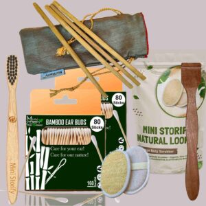 2 Bamboo Cotton ear buds/swabs|80 Stems|1 Kids bamboo tooth brush|1 Pure Neem Tongue Cleaner|2 Oval Loofahs|4 Bamboo Straw8 inch)