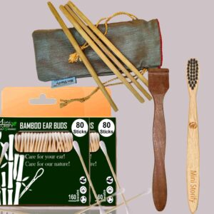 2 Bamboo Cotton Ear Buds/swabs|80 Stems|1 Kids Bamboo Tooth BrushOral Cleaning|1 Neem Tongue Scraper for Adults & Kids|4 Bamboo Straw8″)