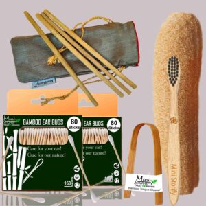 2 Bamboo Cotton ear buds/swabs|80 Stems|1 Kids bamboo tooth brush|1 bamboo tongue cleaner|2 Loufah/loofah PadsBody scrubber|4 Straw8 inch)