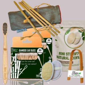 2 Bamboo Cotton ear buds/swabs|80 Stems|1 Kids bamboo tooth brush|1 bamboo tongue cleaner|2 Oval Loofah Sponge Body scrubber|4 Straw8 inch)