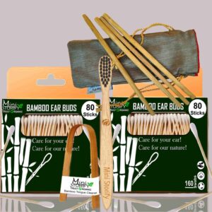 2 Bamboo Cotton Ear Buds/swabs|80 Stems|1 Kids Bamboo Tooth BrushCharcoal Soft Bristles,Oral Cleaning|1 Bamboo Tongue Cleaner|4 Straw8″)