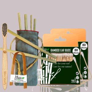 2 Bamboo Cotton Ear Buds/swabs|80 Stems / 160 Swabs|1 Kids Bamboo Tooth BrushCharcoal Soft Bristles,|1 Bamboo Tongue Cleaner|6 Straw8″)