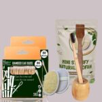 2 Bamboo Cotton ear buds/swabs|80 Stems|1 Kids bamboo tooth brush|1 Bamboo toothbrush stand|1 Pure Neem Tongue Cleaner|2 Oval Loofahs
