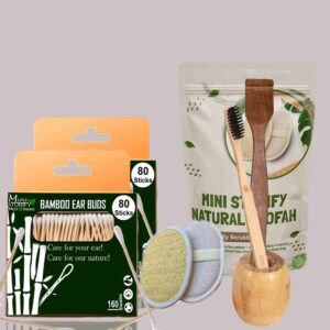 2 Bamboo Cotton ear buds/swabs|80 Stems|1 Kids bamboo tooth brush|1 Bamboo toothbrush stand|1 Pure Neem Tongue Cleaner|2 Oval Loofahs