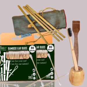 2 Bamboo Cotton Ear Buds 80 Stems|1 Kids Bamboo Tooth Brush|1 Bamboo brush Stand|1 Pure Neem Tongue Cleaner|4 Straw8″)