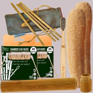 2 Bamboo Cotton ear buds/swabs |80 Stems |1 Kids bamboo tooth brush|1 bamboo travel case |2 Loufah/loofah Pads4 Bamboo Straw(8 inch)