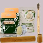 2 Bamboo Cotton ear buds/swabs |80 Stems |1 Kids bamboo tooth brush|1 bamboo travel case |2 Oval Loofah (PACK OF 6)