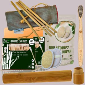 2 Bamboo Cotton ear buds/swabs|80 Stems|1 Kids bamboo tooth brush|1 bamboo travel case|2 Oval Loofah Sponge Body scrubber|4 Straw8 inch)