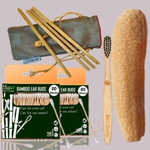 2 Bamboo Cotton ear buds/swabs |80 Stems |1 Kids bamboo tooth brush|2 Loufah/loofah Pads4 Bamboo Straw (8 inch) (PACK OF 9)