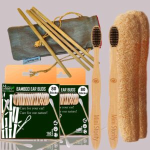 2 Bamboo Cotton ear buds/swabs |80 Stems |2 Adult bamboo tooth brush|2 Loufah/loofah Pads4 Bamboo Straw (8 inch) (PACK OF 10)