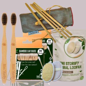 2 Bamboo Cotton ear buds/swabs |80 Stems |2 Adult bamboo tooth brush|2 Oval Loofah/Loufah Pads4 Bamboo Straw (8 inch) (PACK OF 10)