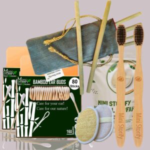 2 Bamboo Cotton Ear Buds 80 Wood Stems/160 Swabs|2 Adult Bamboo toothbrush|2 Oval Loofah Sponge Body Scrubber|6 Bamboo Straw(8 inch)