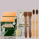 2 Bamboo Cotton ear buds/swabs|80 Stems|2 Adult bamboo tooth brush|2 Pure Neem Wood Tongue Cleaner for Adults & Kids|2 Oval Loofah