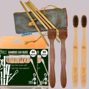 2 Bamboo Cotton Ear Buds 80 Stems/160 Swabss|2 Adult Bamboo Tooth BrushOral Cleaning|2 Neem Tongue Scraper|4 Bamboo Straw8″)