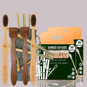 2 Bamboo Cotton Ear Buds/swabs|80 Stems|2 Adult Bamboo Tooth Brush|2 Neem Tongue Cleaner/Tongue Scraper for Adults & Kids|6 Bamboo Straw8″)(